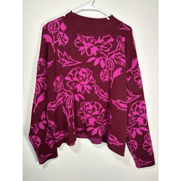 Cyrus Sweaters - CYRUS Floral Mock Neck Knit Long Sleeve Sweater Maroon Pink Cottagecore Size XL